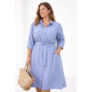 Talbots Women Dress Plus 3X Blue Linen Button Front Belted Beachy Classic Preppy